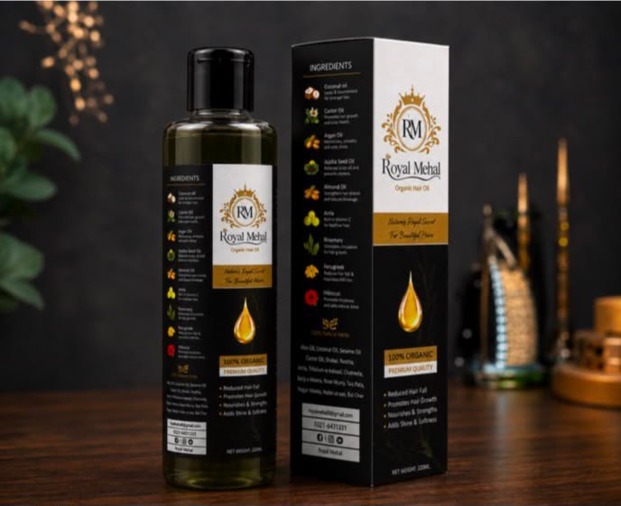 Royal Mehal Organic Hair Oil bottle with packaging