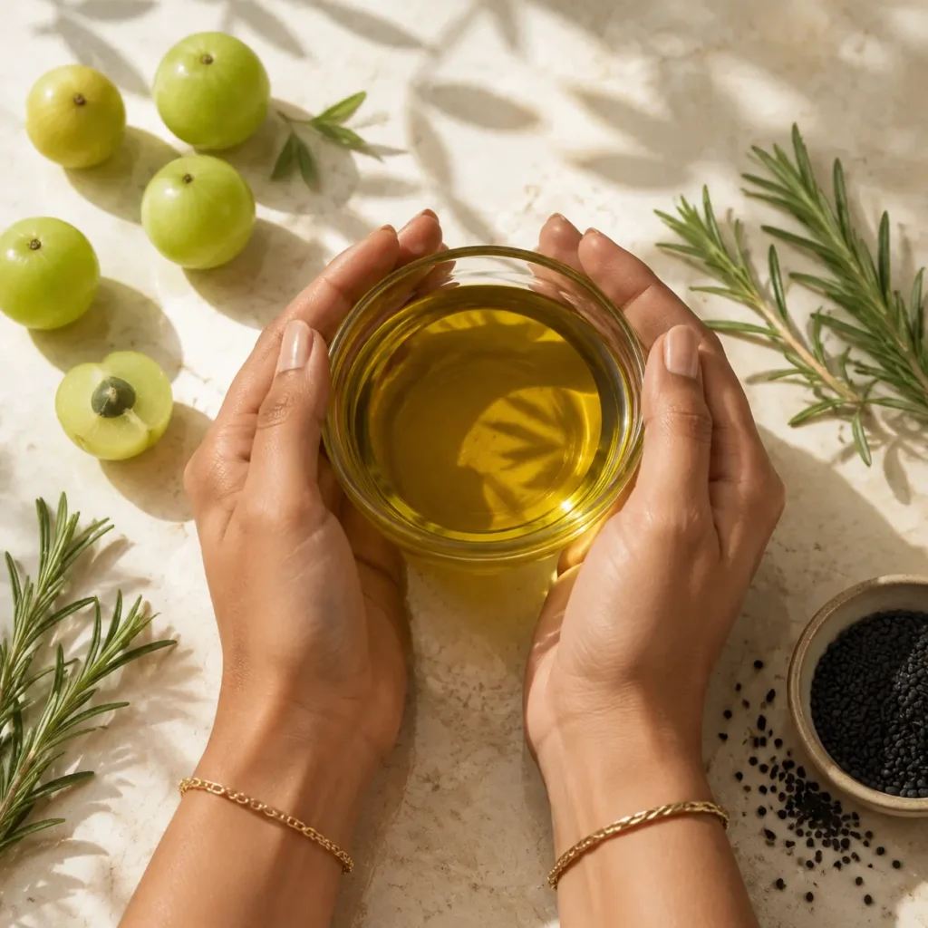 Hands holding golden hair oil with amla, rosemary and kalonji