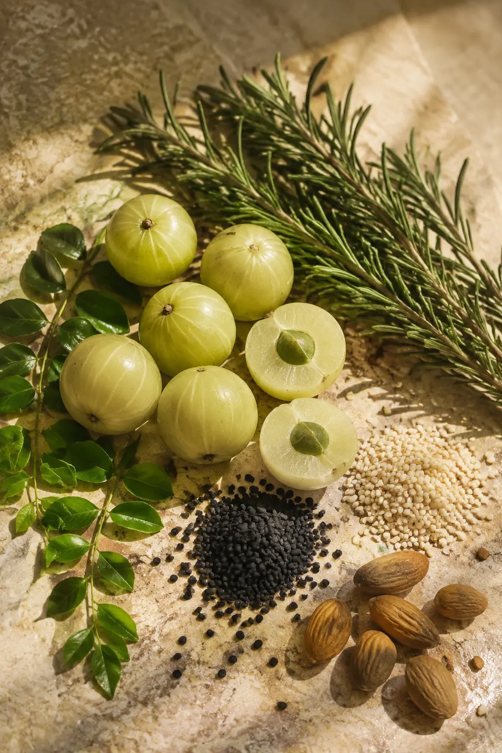 Amla, rosemary, kalonji, sesame seeds and almonds