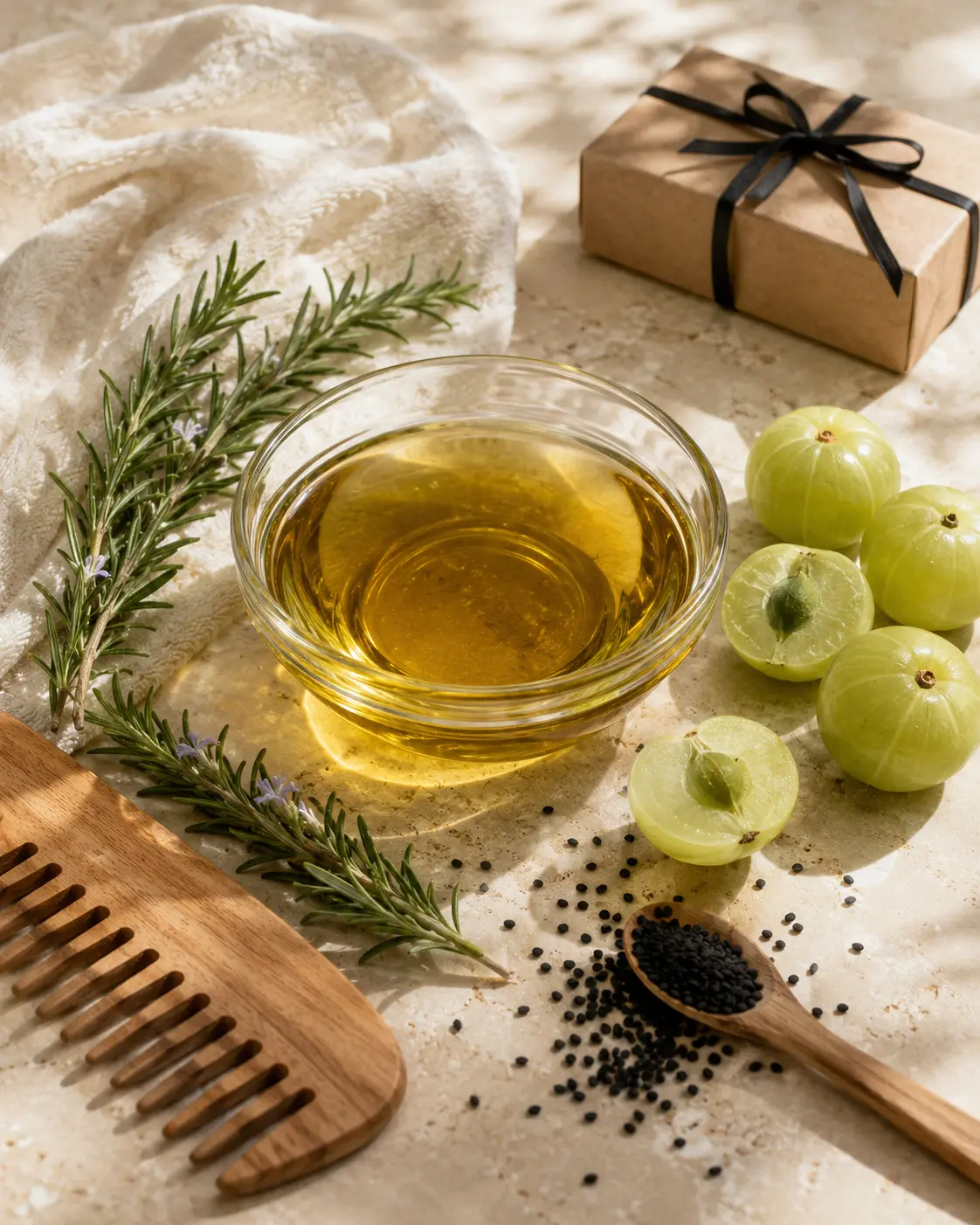 Golden hair oil with amla, rosemary, kalonji and a delivery parcel