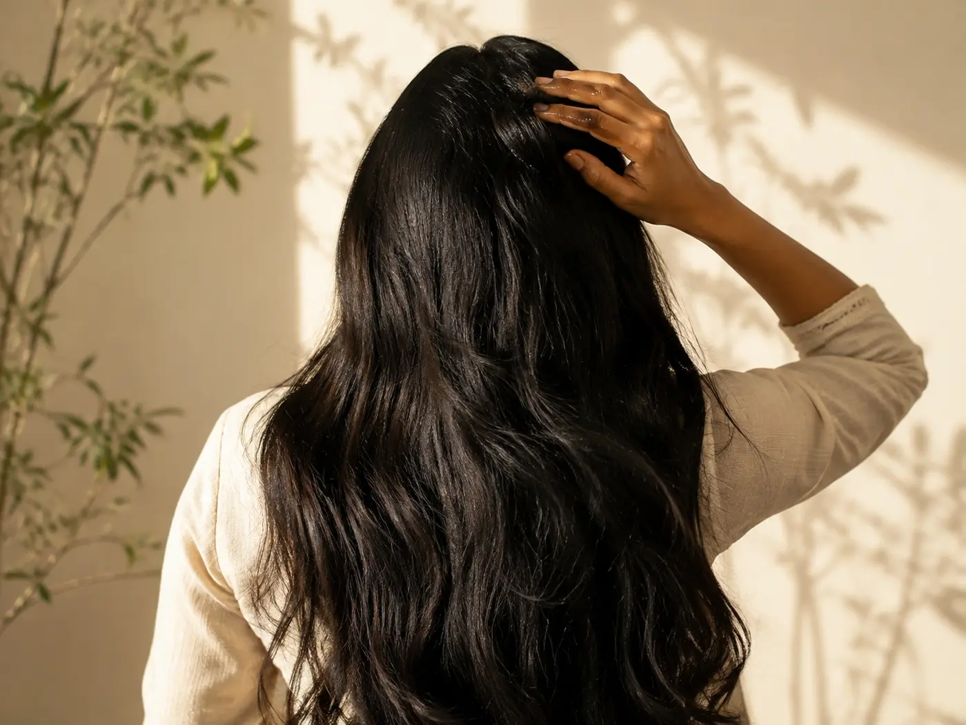Woman gently massaging oil into healthy dark hair