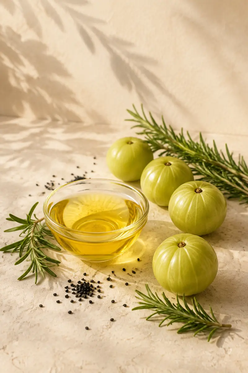 Amla, rosemary and kalonji with golden hair oil