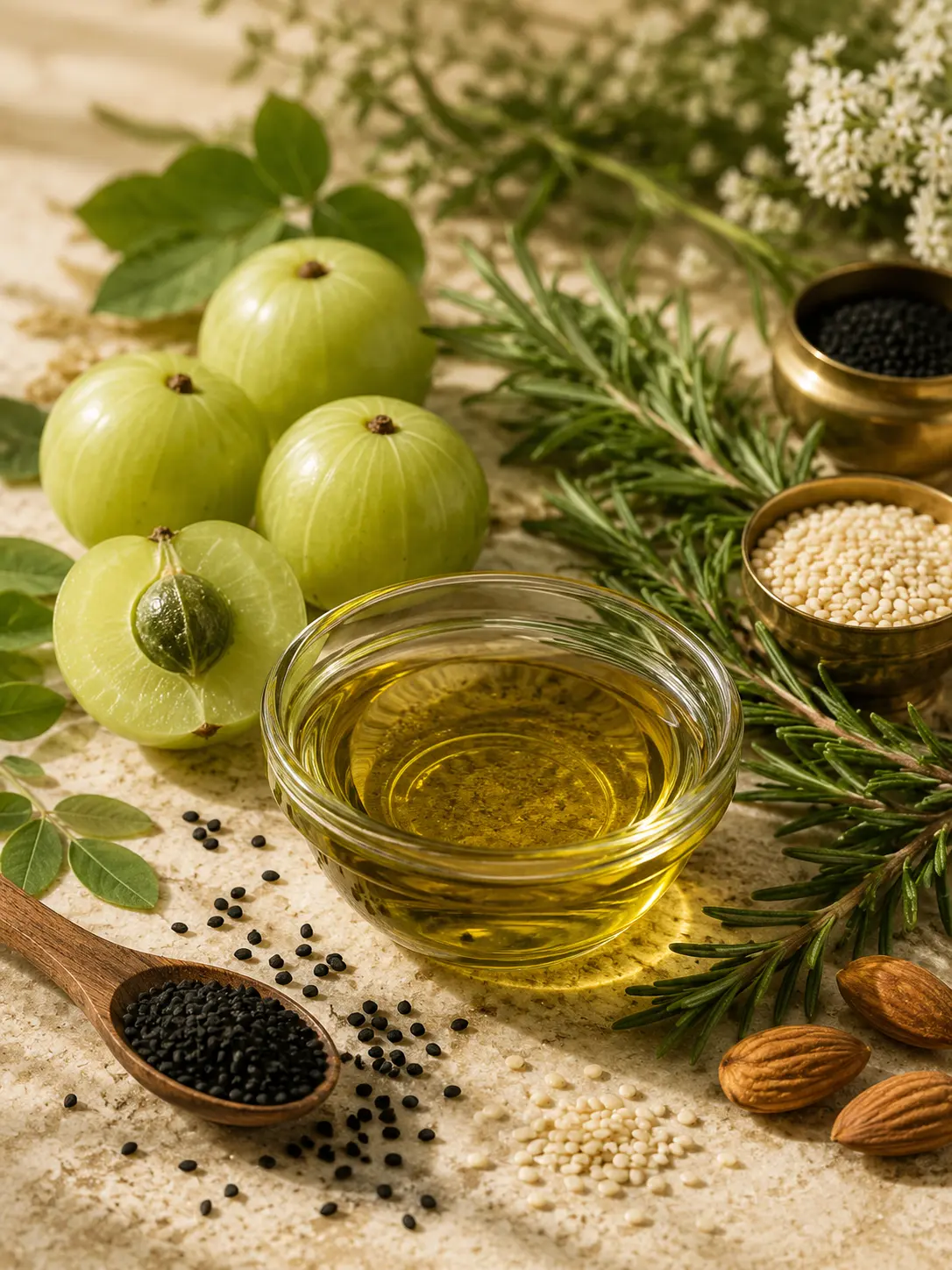 Amla, rosemary, kalonji seeds and golden hair oil
