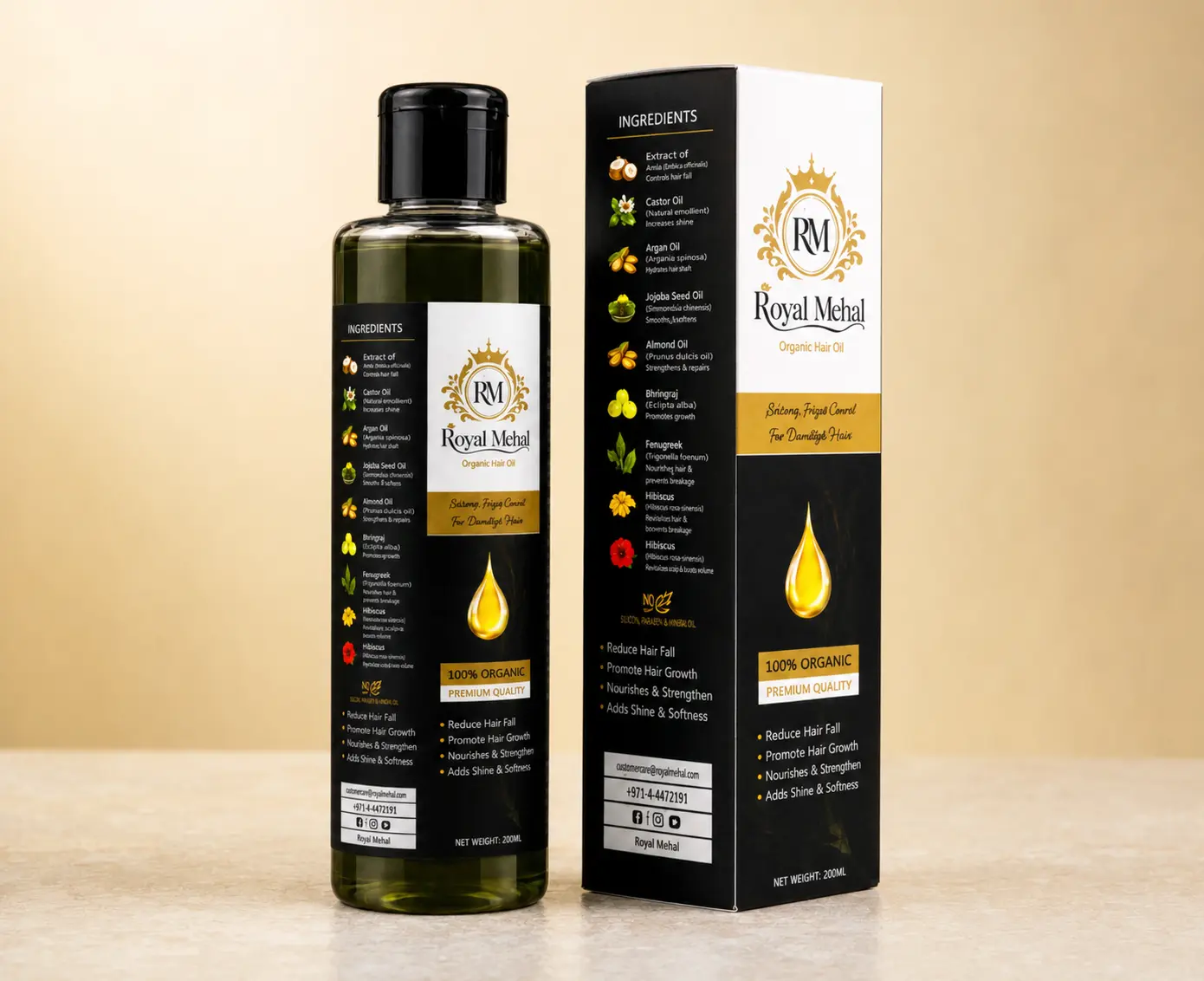 Royal Mehal organic hair growth oil 200ml bottle and box