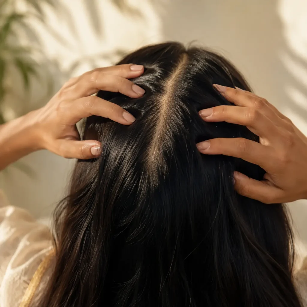Fingertips gently massaging a clean scalp through parted black hair