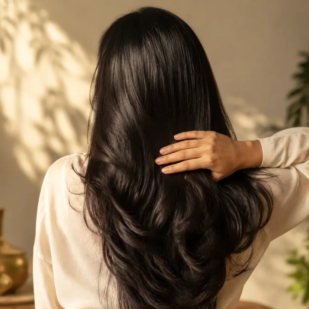 Woman smoothing long glossy black hair in warm natural light